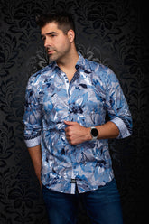 Au Noir men's light blue floral button-up shirt with curved hem and rolled contrast cuffs, front model view