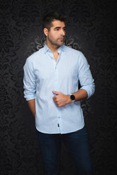 Chemise manches longues en lin pour homme par Au Noir | BERNAL Bleu | Boutique Vvög, inventaire complet de la marque Au Noir