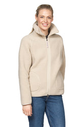 Women's cream teddy fleece zip jacket on model, front view with stand collar and rounded patch pockets by Ilse Jacobsen