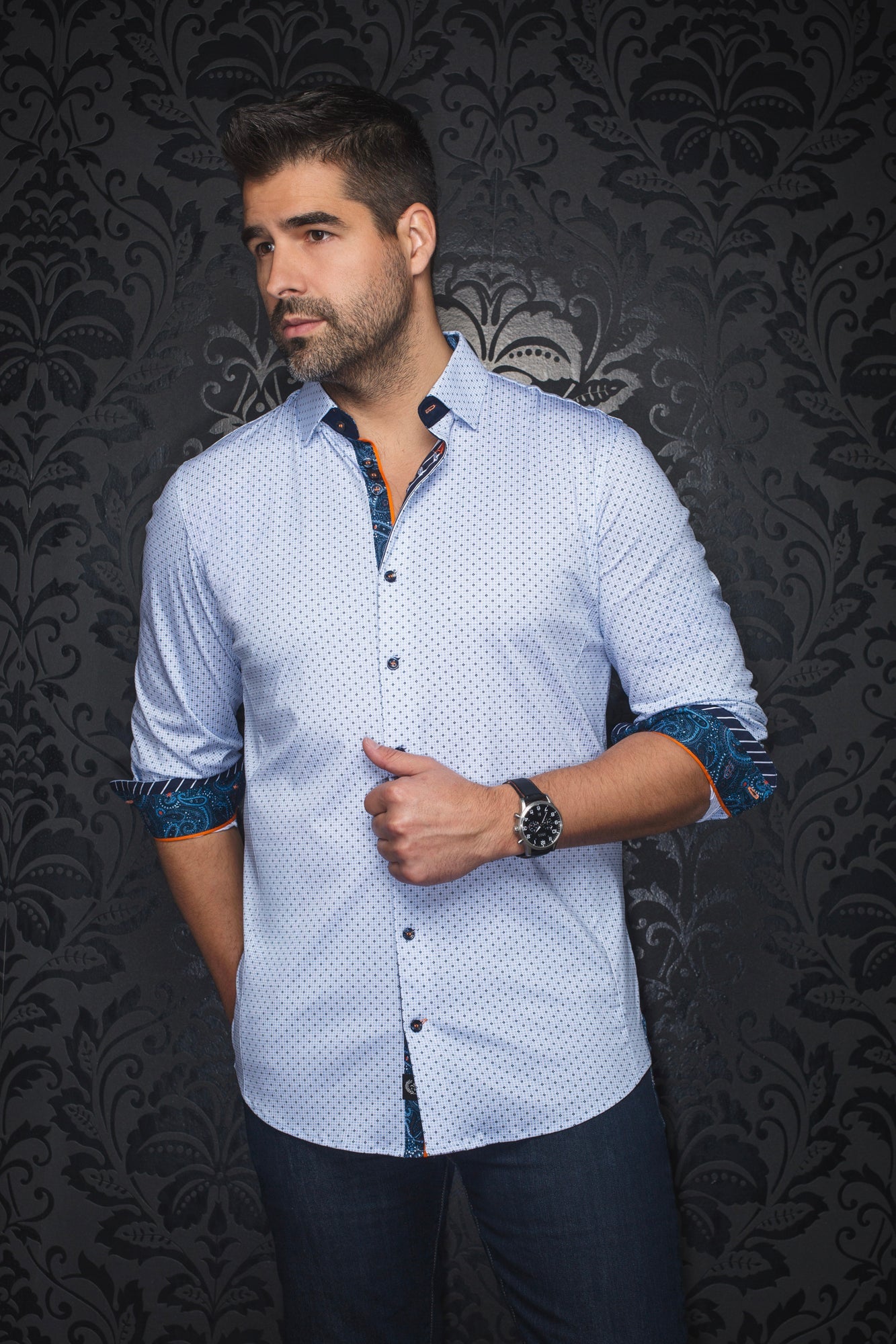 Chemise manches longues en Knit pour homme par Au Noir | CALDARA Blanc Bleu | Boutique Vvög, inventaire complet de la marque Au Noir