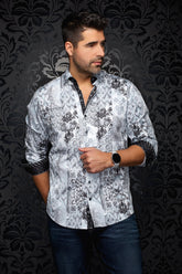 Chemise manches longues en coton extensible pour homme par Au Noir | CASCAIS Blanc Sarcelle | Boutique Vvög, inventaire complet de la marque Au Noir