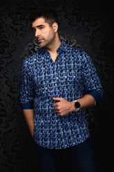 Au Noir men's blue abstract print button-up shirt with contrast inner trim and rolled cuffs shown from the front