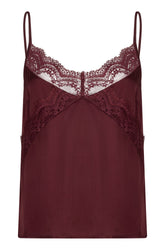 Esqualo women's burgundy camisole with spaghetti straps, lace V neckline, and straight hem shown from the front