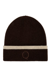 Women's dark brown ribbed winter beanie with folded cuff, cream stripe, and small front embroidery, product view by Esqualo