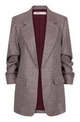 Esqualo women's grey-burgundy check blazer with notched lapels, flap pockets and burgundy lining, front view