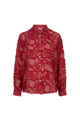 Esqualo women's red sheer button-up long-sleeve blouse, front view, with pearl-like buttons and raised abstract texture