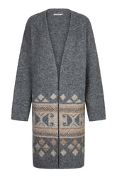 Esqualo women's long gray open-front knit cardigan with beige geometric lower border shown from the front