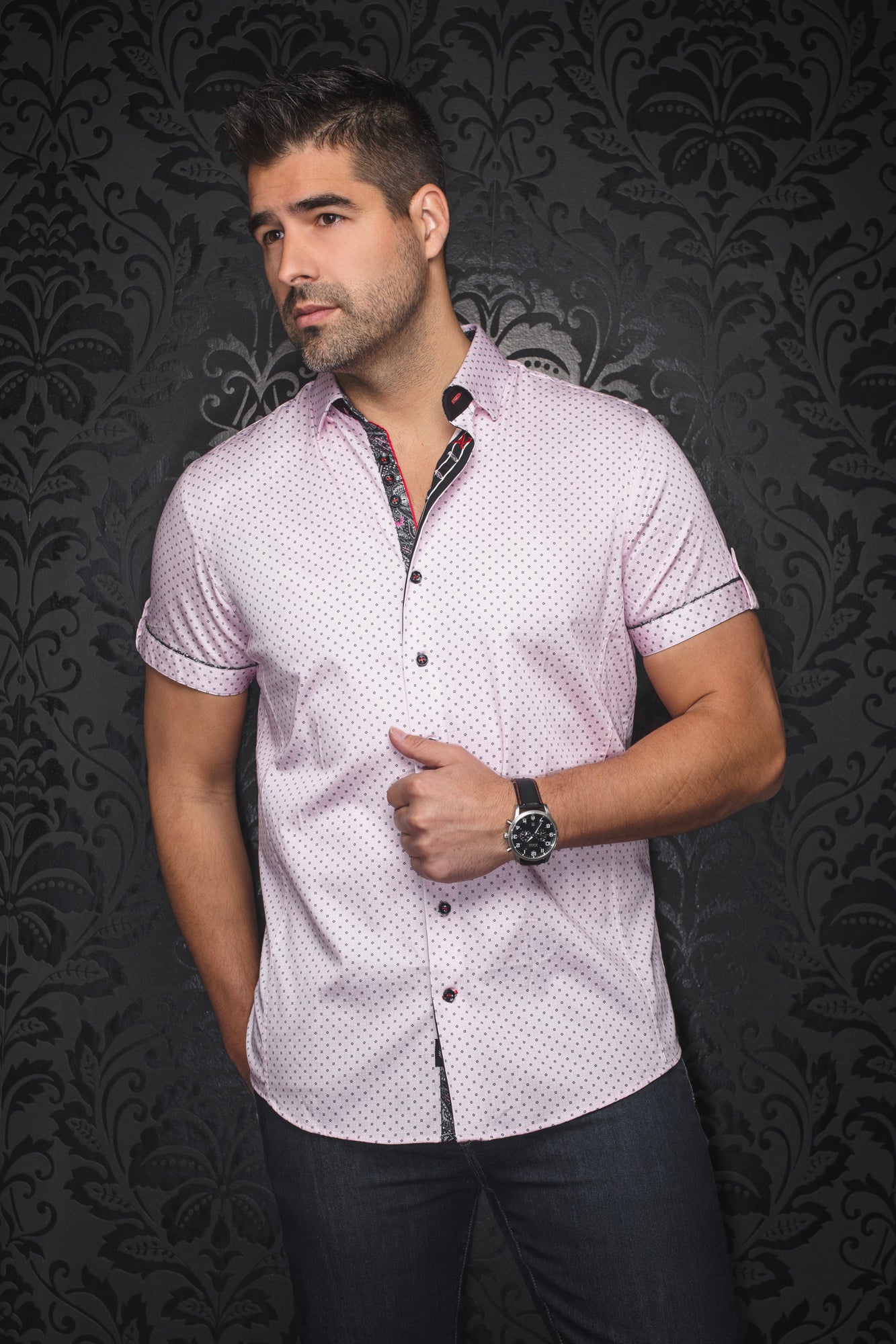 Chemise manches courtes pour homme par Au Noir | FARO(SS) Rose | Boutique Vvög, inventaire complet de la marque Au Noir