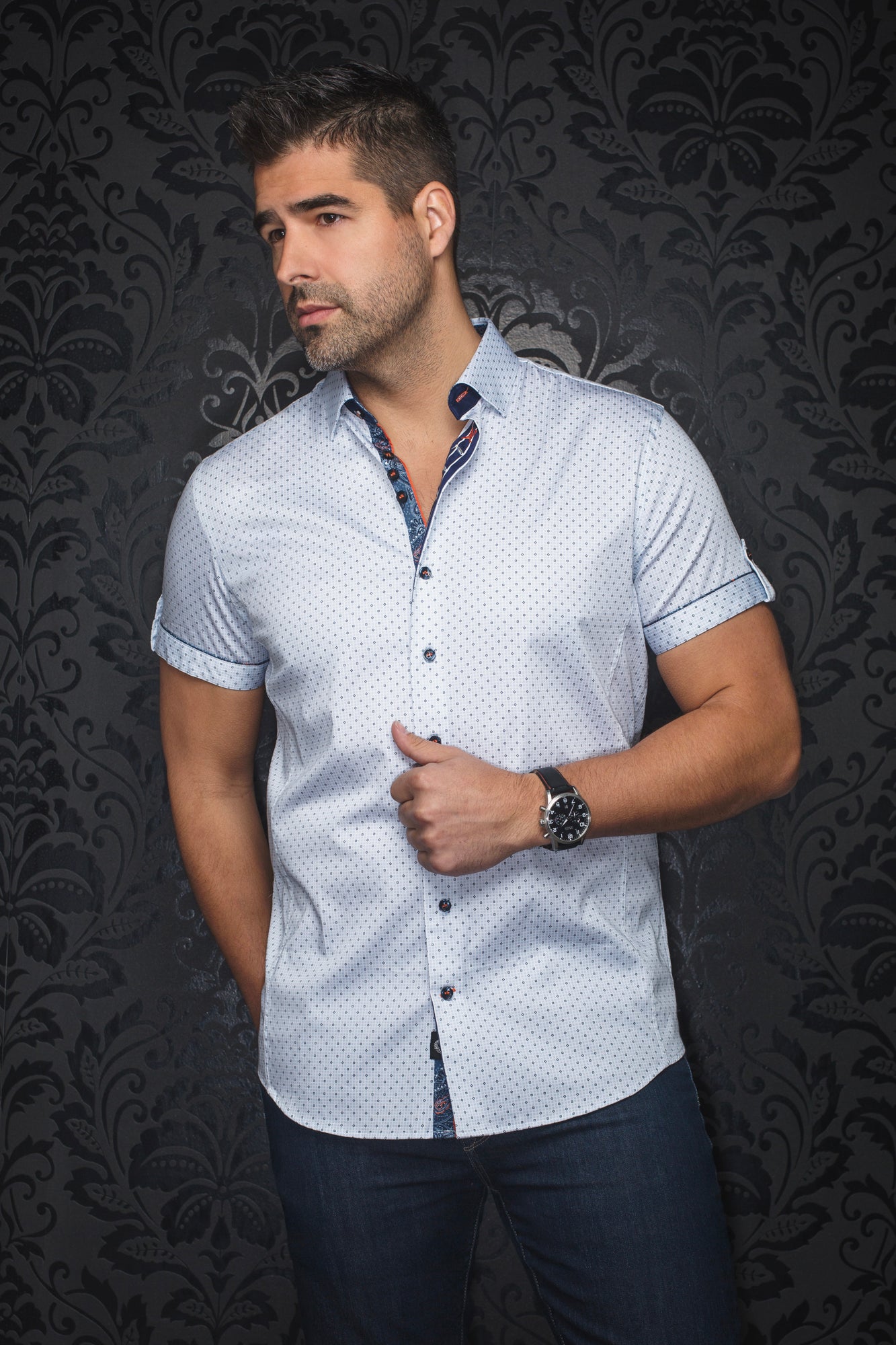 Chemise manches courtes pour homme par Au Noir | FARO(SS) Blanc Bleu | Boutique Vvög, inventaire complet de la marque Au Noir