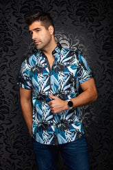 Chemise manches courtes en coton extensible pour homme par Au Noir | GREENWILD (SS) Noir Aqua | Boutique Vvög, inventaire complet de la marque Au Noir