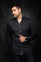 Men's black tonal floral button-up shirt, front model view with contrast inner placket and spread collar by Au Noir