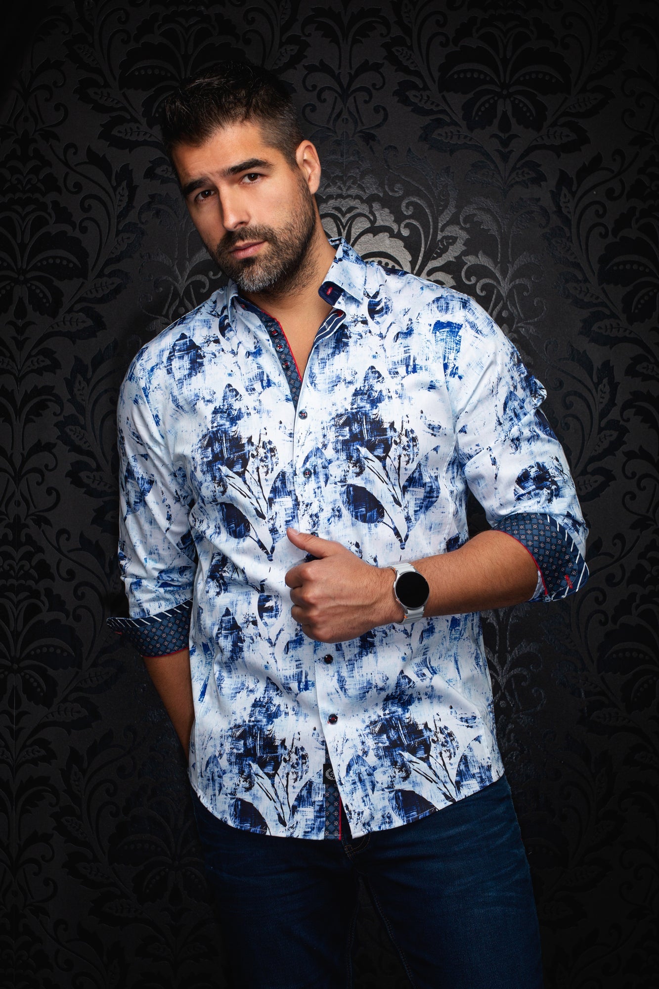 Chemise manches longues pour homme par Au Noir | JASPER Blanc Bleu | Boutique Vvög, inventaire complet de la marque Au Noir