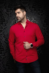 Men's red long sleeve button-up shirt on model, front view with curved hem and black buttons by Au Noir