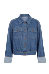 Liverpool women's blue denim jacket with flap chest pockets and wide turned-back cuffs, front product view