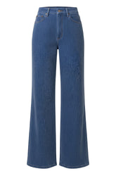 Liverpool women's blue wide-leg jeans, front view with button, zip fly, belt loops and curved pockets