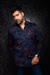 Au Noir men's navy button-up shirt with long sleeves, spread collar and burgundy floral print, front view