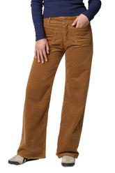 Front view of women's brown corduroy wide-leg jeans with patch pockets and metal button by Mavi Jeans