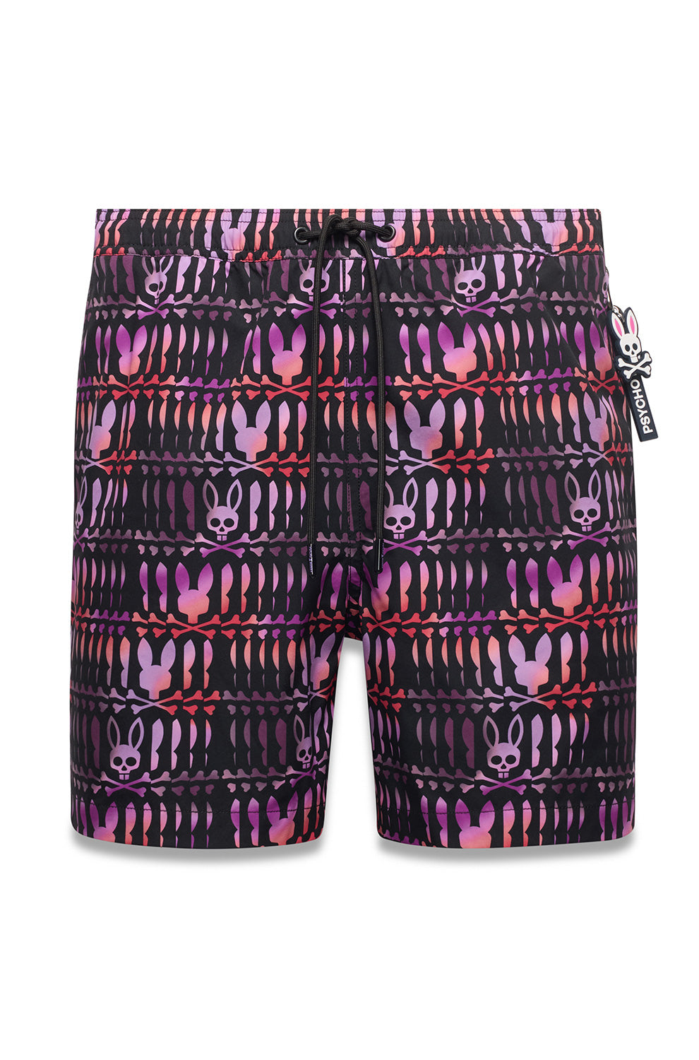 Short maillot noir à imprimé lapin tête de mort rose et mauve, taille élastique, vue produit pour homme par Psycho Bunny