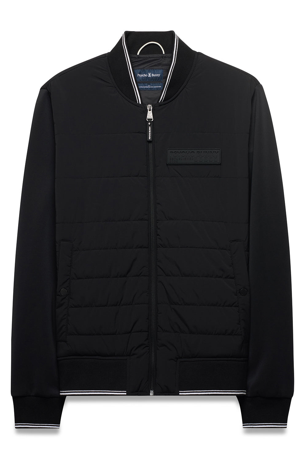 Veste coupe-vent mi-saison noire zippé à devant matelassé, col, poignets, vue produit pour homme par Psycho Bunny