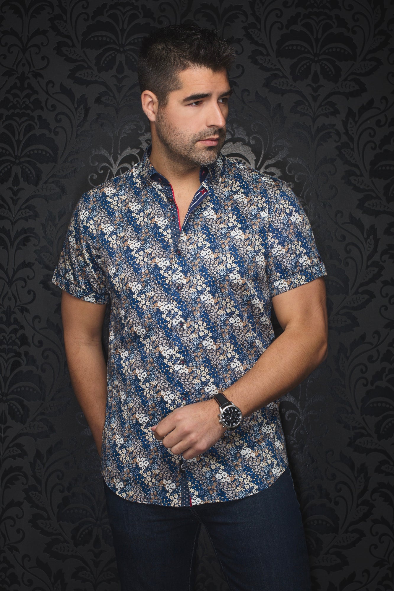 Chemise manches courtes pour homme par Au Noir | MORRIS(SS) Marine Tabac | Boutique Vvög, inventaire complet de la marque Au Noir