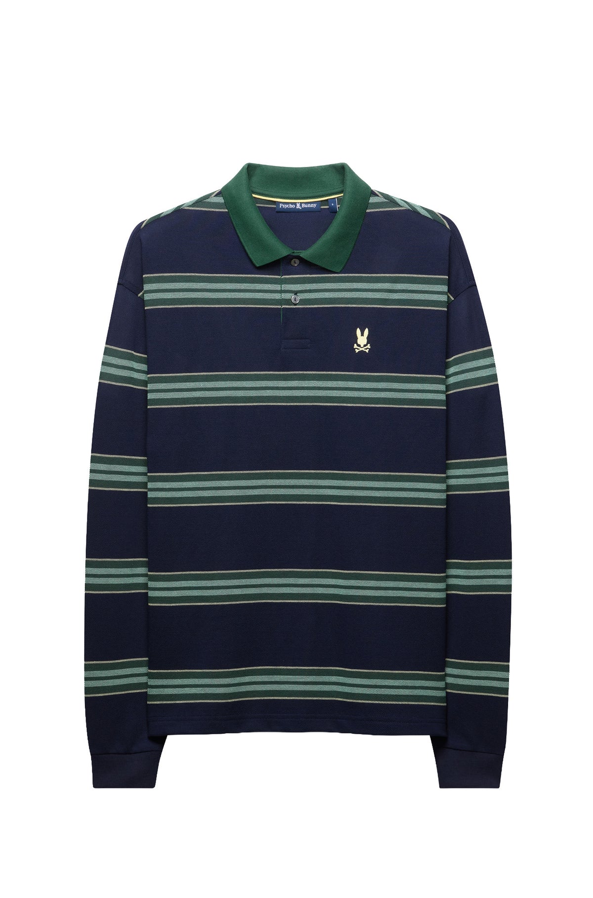 Polo à manches longues marine à rayures vertes, col vert, vue produit pour homme par Psycho Bunny