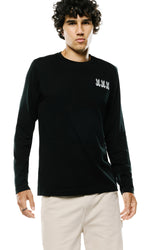 Psycho Bunny men's black long sleeve crewneck T-Shirt with small white triple bunny chest graphic shown from the front