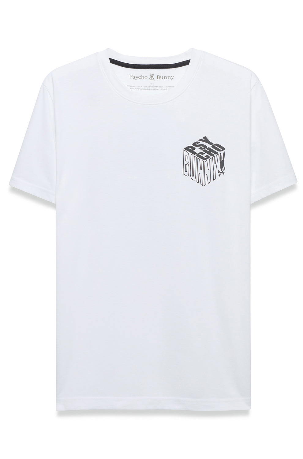 T-Shirt blanc à manches courtes et col rond avec petit graphique Psycho Bunny à la poitrine, vue produit pour homme