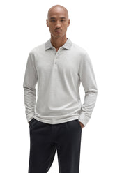 Robert Barakett men's light grey long sleeve polo with ribbed collar and button placket shown from the front