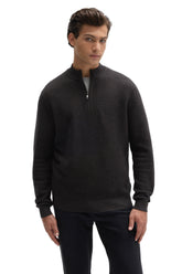 Men's dark charcoal quarter-zip knit long-sleeve sweater, front view with ribbed mock neck and hem by Robert Barakett