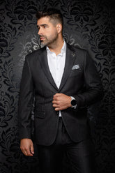 Au Noir men's dark charcoal blazer with cuff buttons, flap pockets and notch lapels shown from the front
