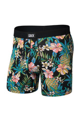 Sous-vêtement noir à imprimé tropical avec ceinture logo SAXX pour homme, vue avant isolée