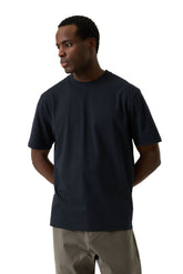 Garcia men's dark navy short sleeve crewneck T-Shirt on model, waist-up front view with tonal print