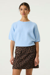 Garcia women's light blue short sleeve knit T-Shirt with ribbed crewneck and cuffs, front model view