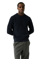 Garcia men's navy ribbed crewneck knit long-sleeve knit sweater with ribbed hem, front waist-up view