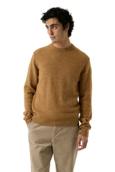 Front waist-up view of men's camel heathered crewneck knit long-sleeve knit sweater with ribbed hem by Garcia