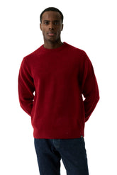 Garcia men's red crewneck knit long-sleeve knit sweater with ribbed hem and small label, front waist-up view