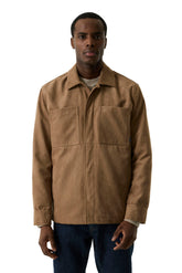 Garcia men's tan overshirt with point collar, patch chest pockets, and snap-front placket shown from the front