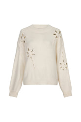 Front view of women's cream knit long-sleeve knit sweater with crewneck, floral appliqués and gold sequins by Esqualo