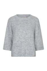 Esqualo women's light gray fuzzy knit sweater with round neckline and wide three-quarter sleeves, front view
