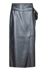 Esqualo women's black leather-look midi skirt front view with belted waist, D-ring tie and wrap panel