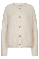Esqualo women's cream fuzzy knit cardigan with gold heart buttons and two patch pockets, front view