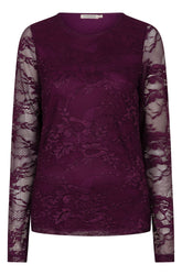 Esqualo women's burgundy floral lace long sleeve blouse with round neckline and sheer sleeves, front view