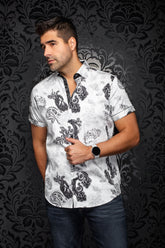 Chemise manches courtes en coton extensible pour homme par Au Noir | WATERFORD (SS) Blanc Noir | Boutique Vvög, inventaire complet de la marque Au Noir