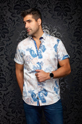 Chemise manches courtes en coton extensible pour homme par Au Noir | WATERFORD (SS) Blanc Orange | Boutique Vvög, inventaire complet de la marque Au Noir