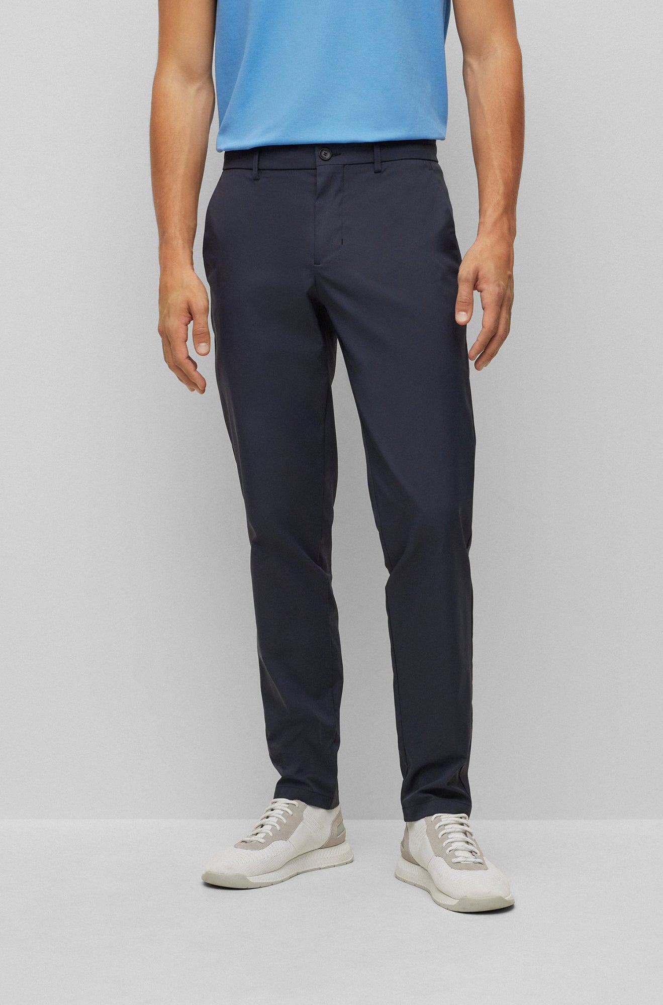 slim fit dress slacks HUGO Slim-Fit Trousers In Mouliné Performance-Stretch Cloth - Dark Blue