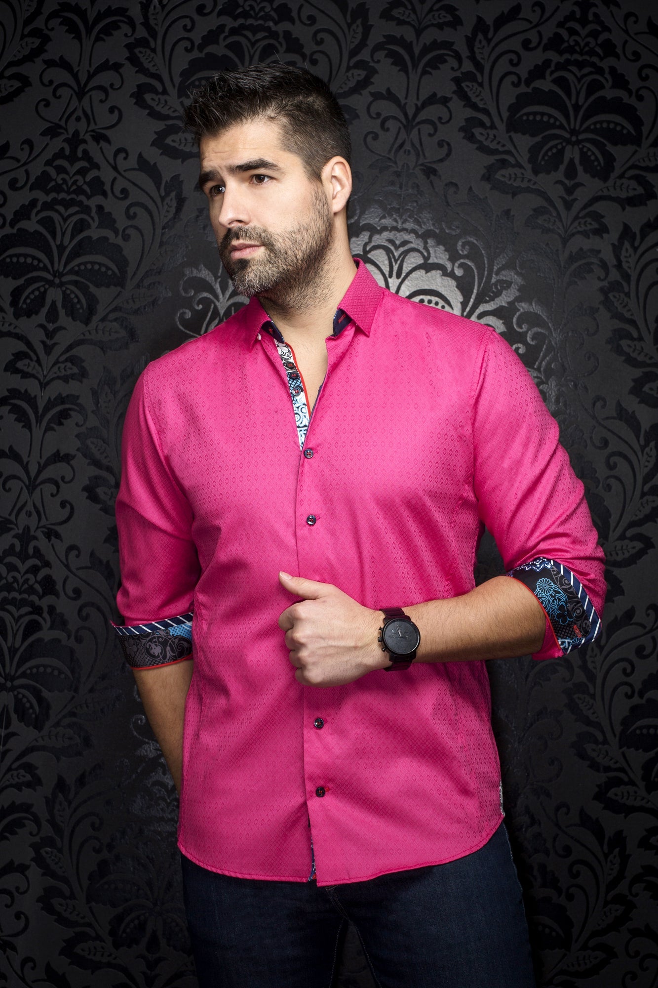 Chemise manches longues pour homme par Au Noir | ADJANI Fuchsia | Boutique Vvög, inventaire complet de la marque Au Noir