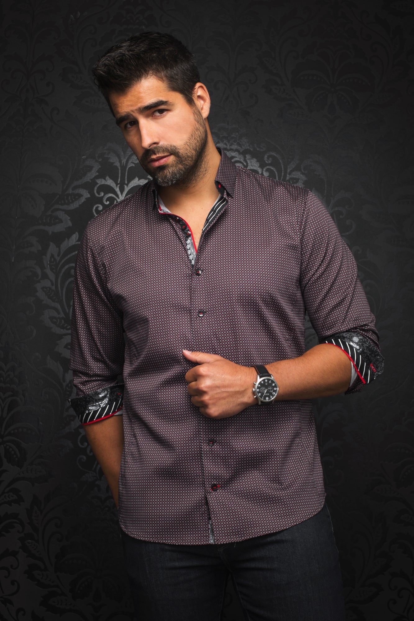 Chemise manches longues pour homme par Au Noir | BLONDEL Rouge Noir/black red | Vvog.ca, inventaire complet de la marque Au Noir