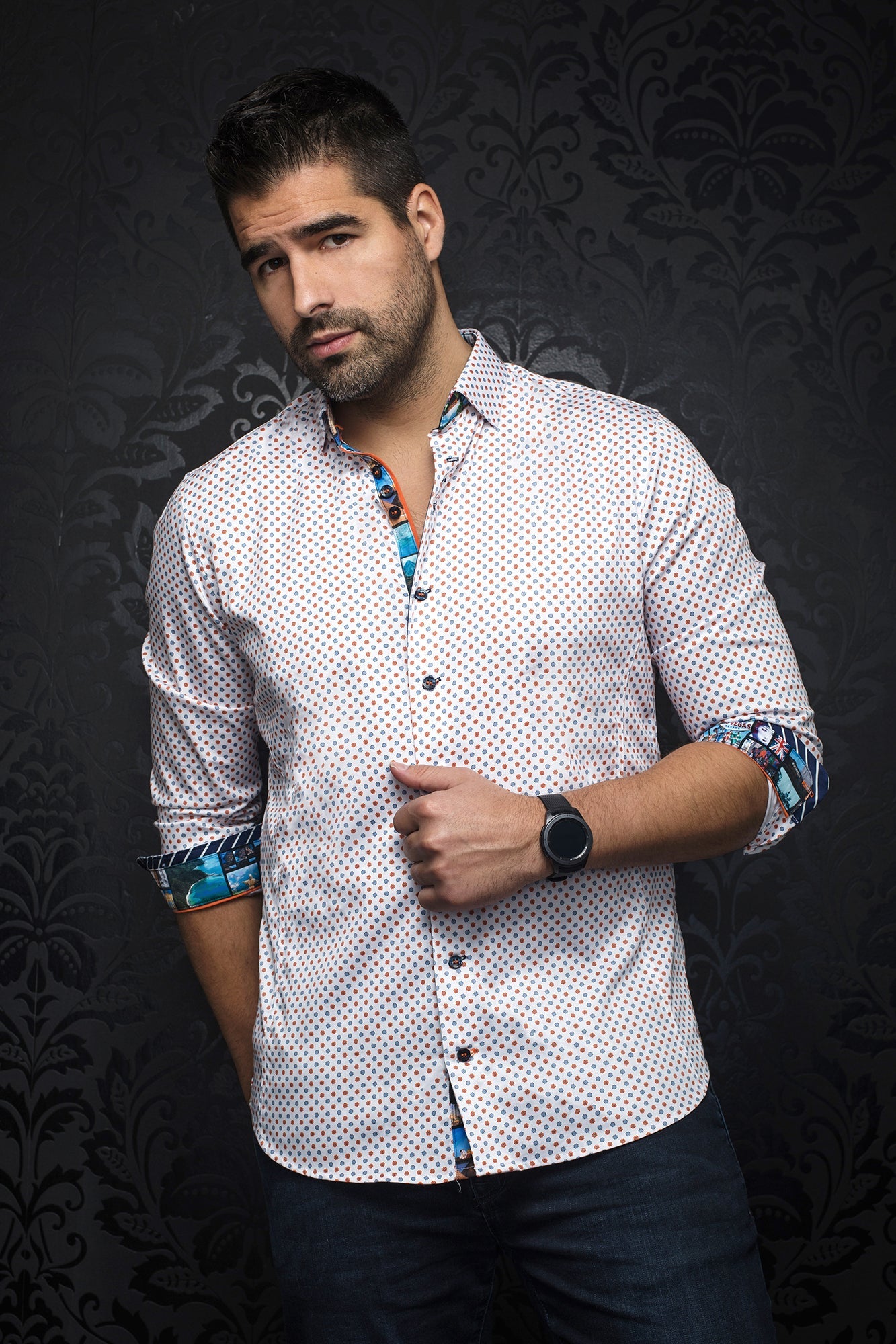Chemise manches longues pour homme par Au Noir | BRADFORD white orange | Boutique Vvög, inventaire complet de la marque Au Noir