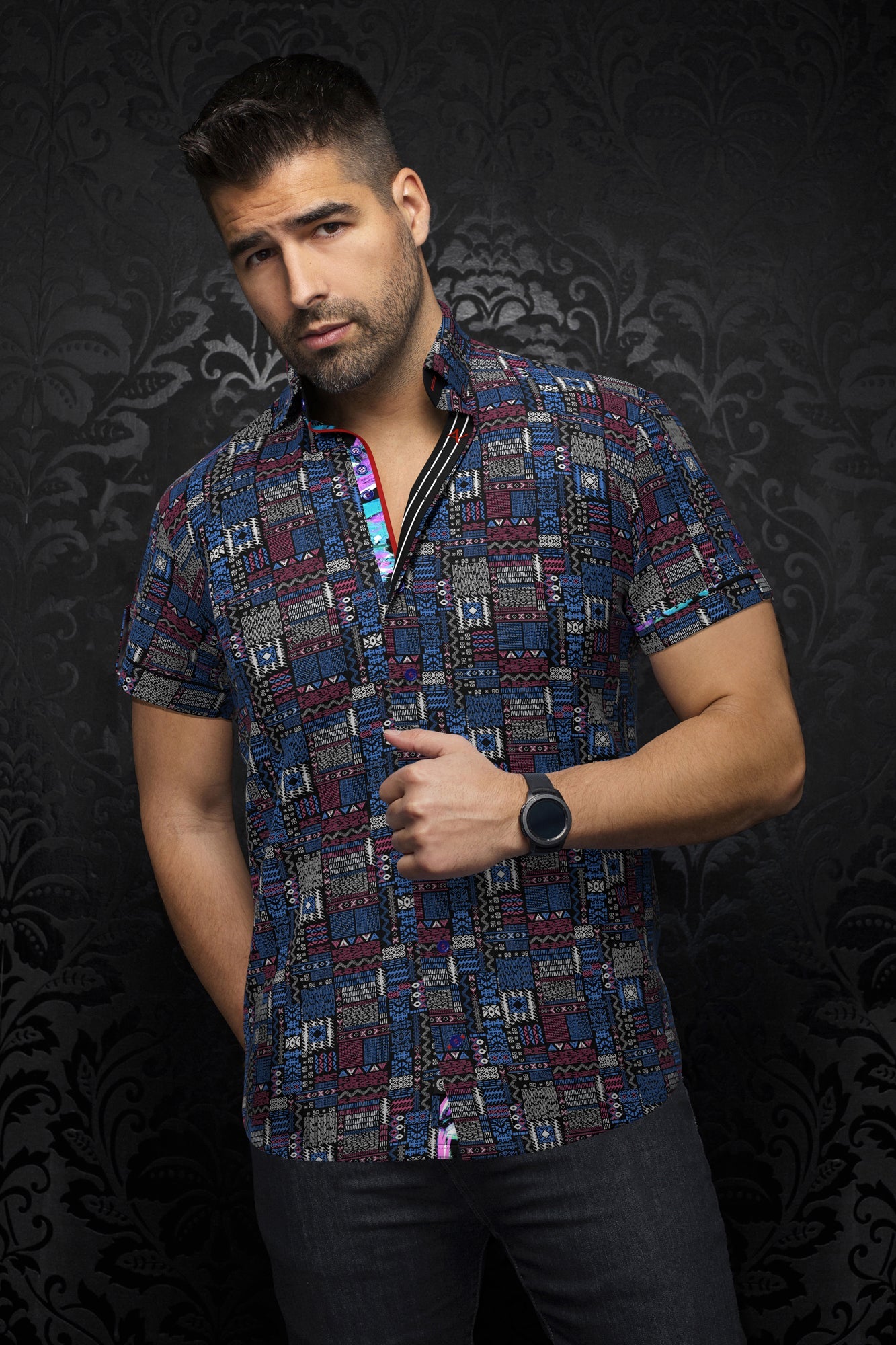 Chemise manches courtes pour homme par Au Noir | FINLAY(SS) Noir Multi | Boutique Vvög, inventaire complet de la marque Au Noir