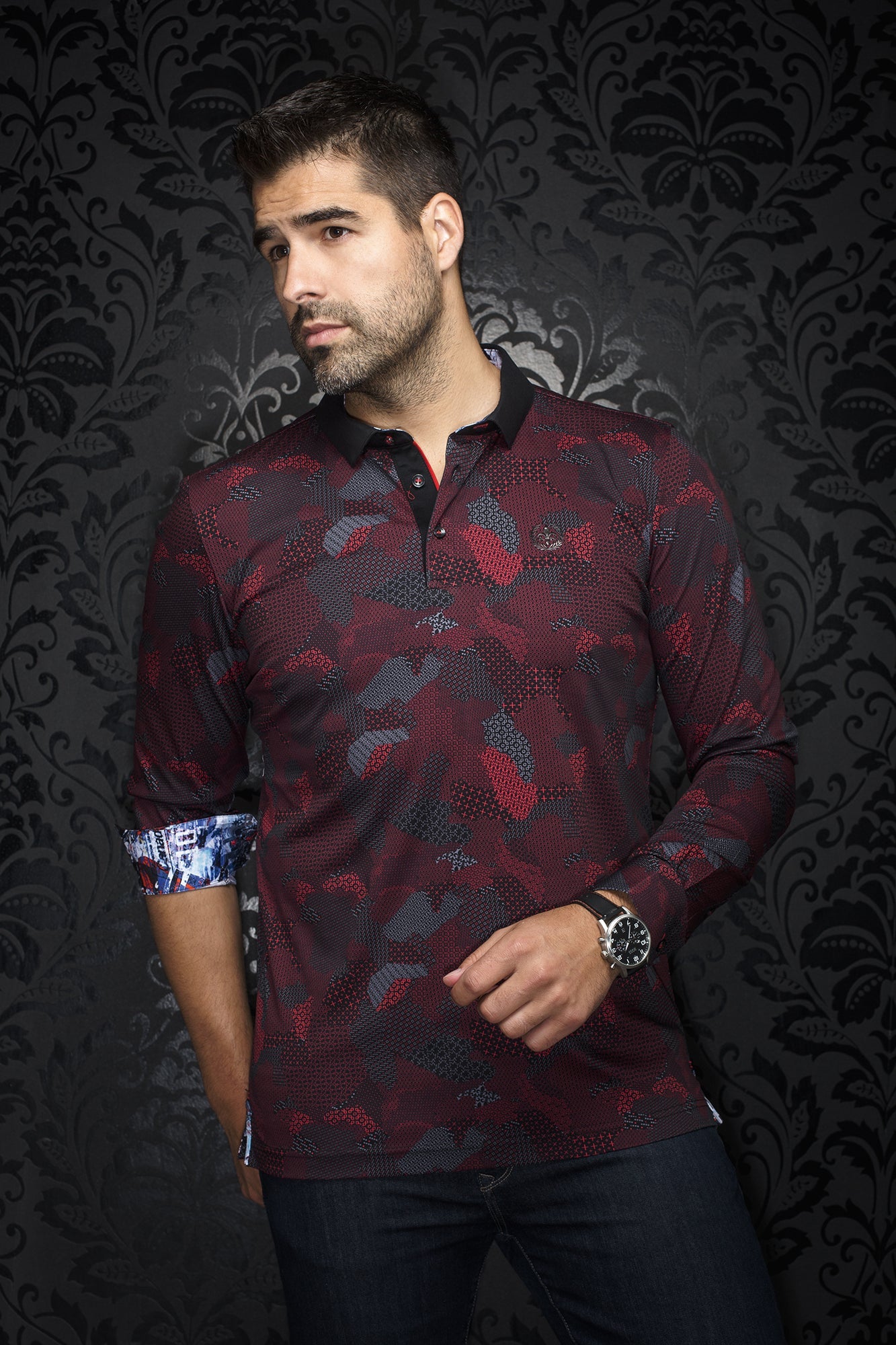 Polo manches longues pour homme par Au Noir | FRONTENAC Noir Rouge | Boutique Vvög, inventaire complet de la marque Au Noir